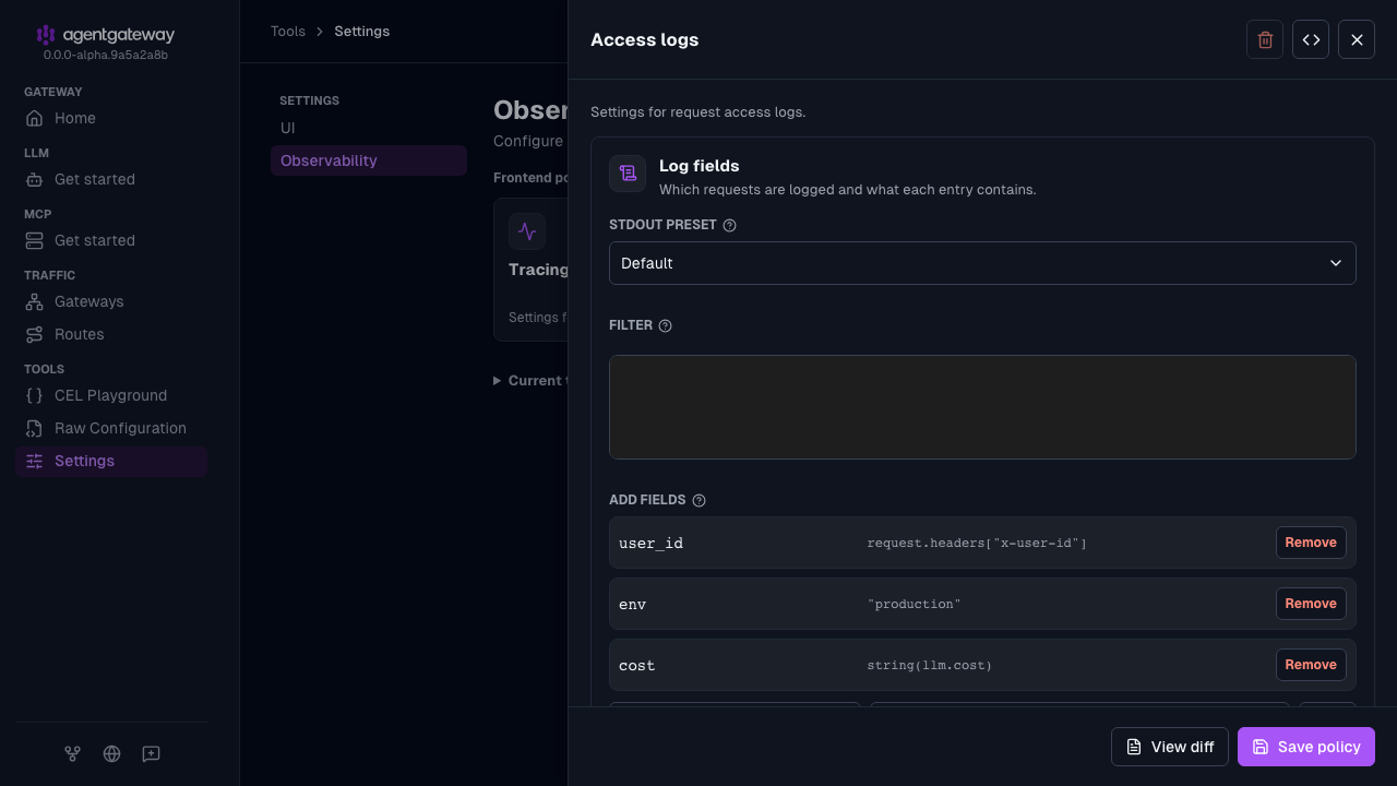 Access logs drawer with the user_id, env, and cost fields added