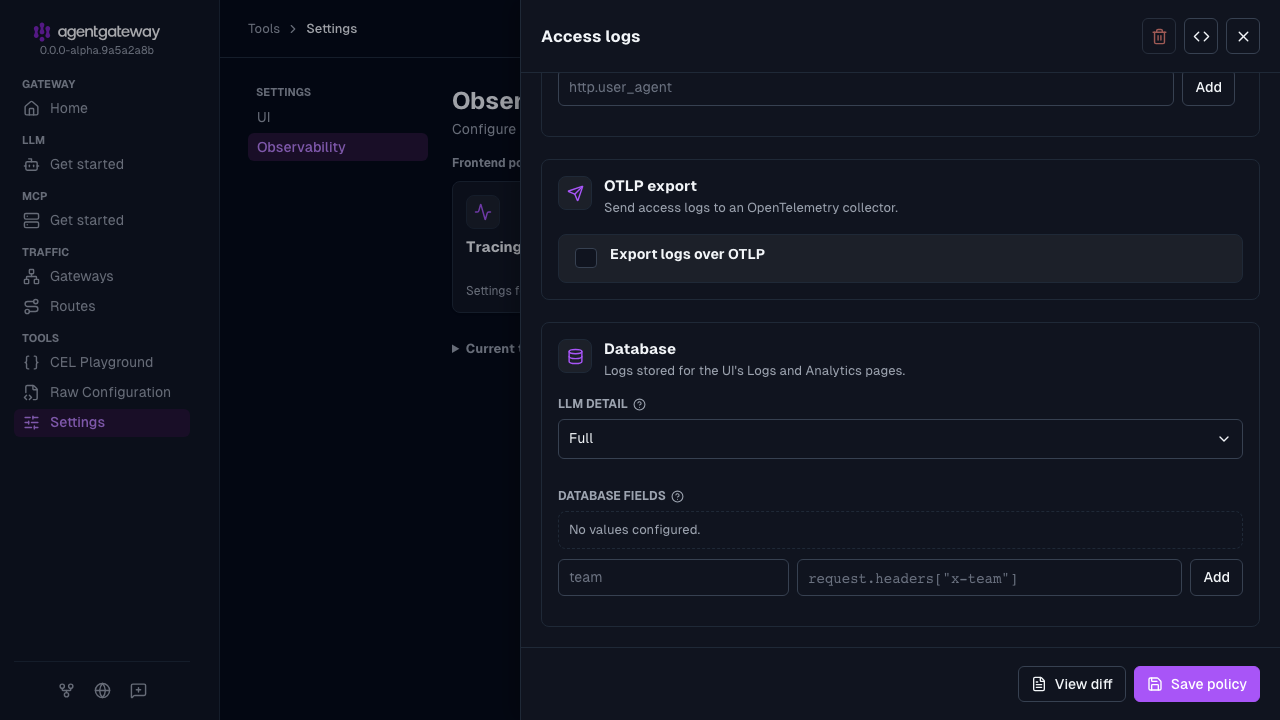 Access logs drawer with the Database section, where the LLM detail dropdown is set to Full