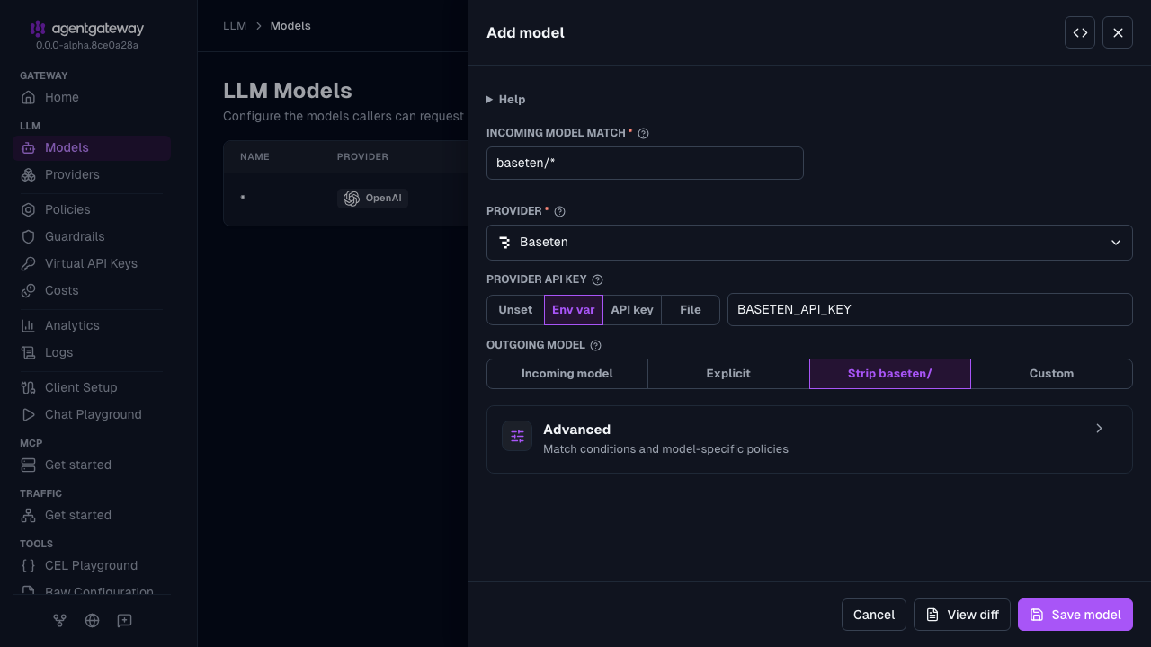 Add model drawer with Baseten selected as the provider, baseten/* as the incoming model match, and BASETEN_API_KEY as the environment variable for the provider API key