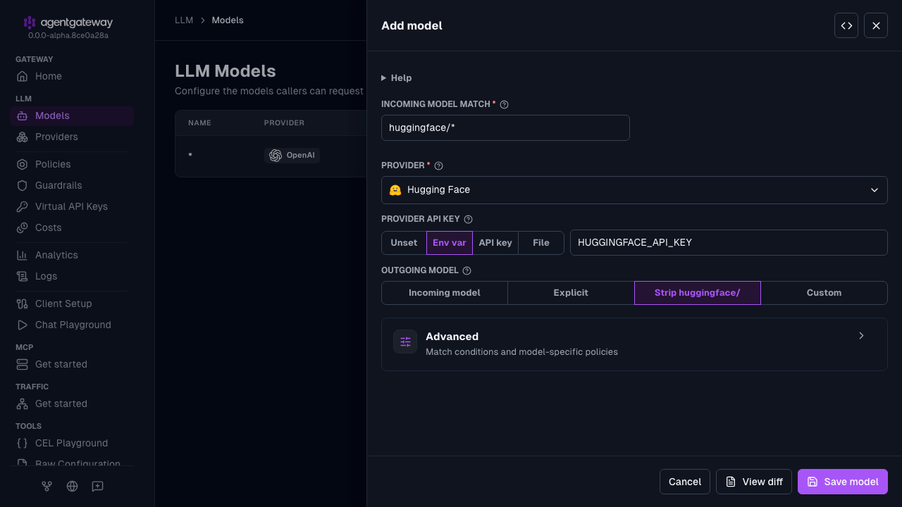 Add model drawer with Hugging Face selected as the provider, huggingface/* as the incoming model match, and HUGGINGFACE_API_KEY as the environment variable for the provider API key