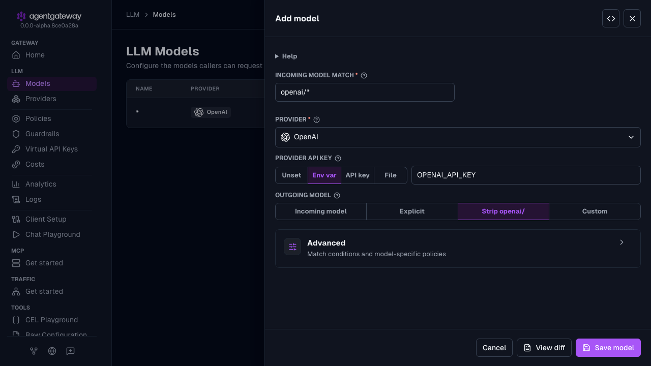 Add model drawer with OpenAI selected as the provider, openai/* as the incoming model match, and OPENAI_API_KEY as the environment variable for the provider API key