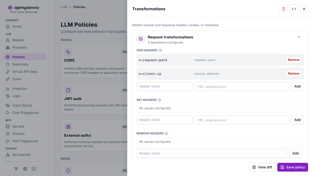 Transformations drawer with the request section setting the x-request-path and x-client-ip headers