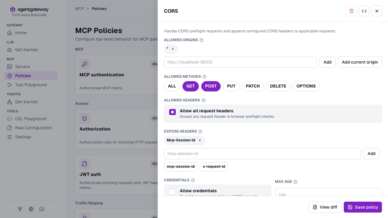 MCP CORS policy drawer with the * allowed origin and the Mcp-Session-Id expose header