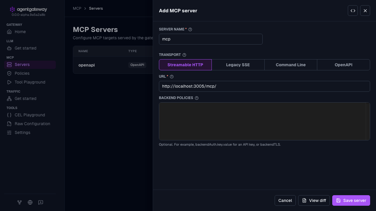 Add MCP server drawer for the mcp target with the Streamable HTTP transport and the http://localhost:3005/mcp/ URL