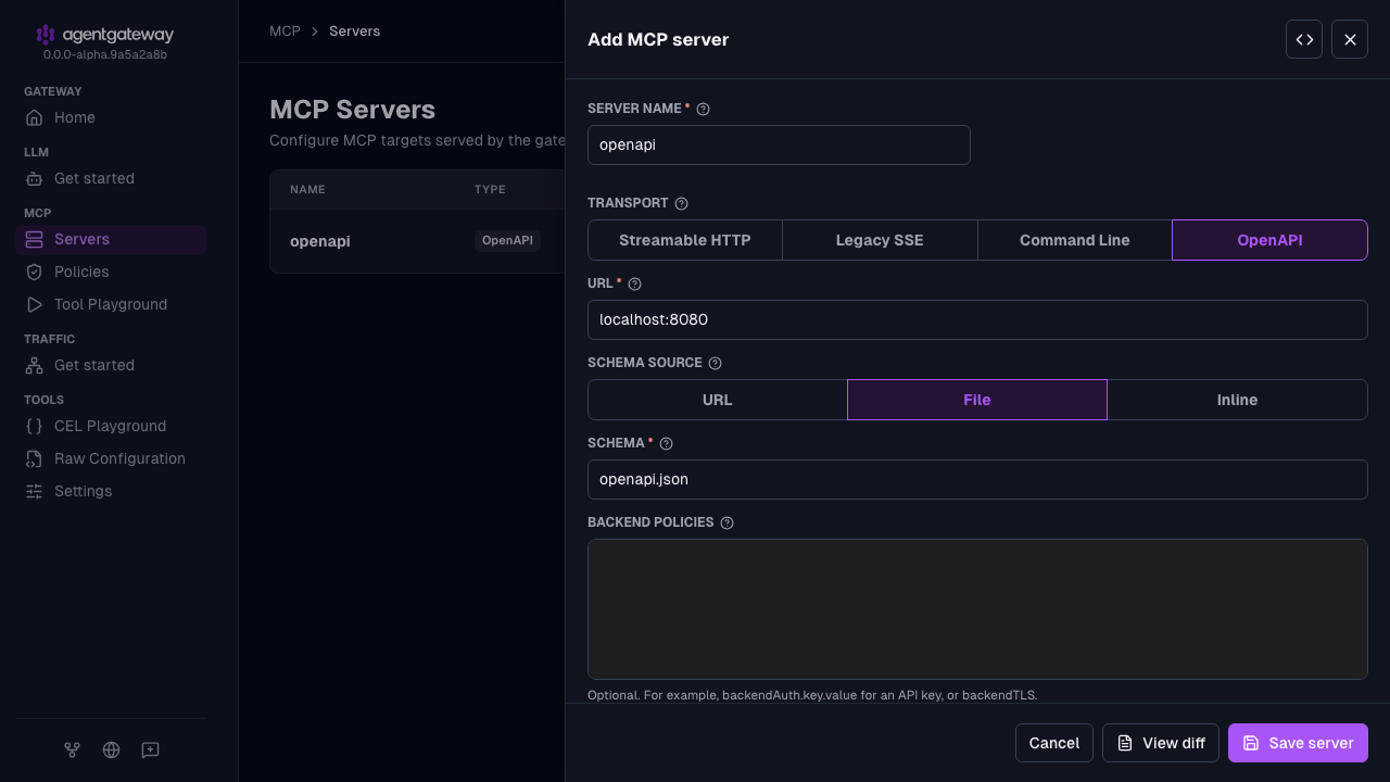 Add MCP server drawer for the openapi target with the OpenAPI transport, the localhost:8080 URL, and the openapi.json schema file