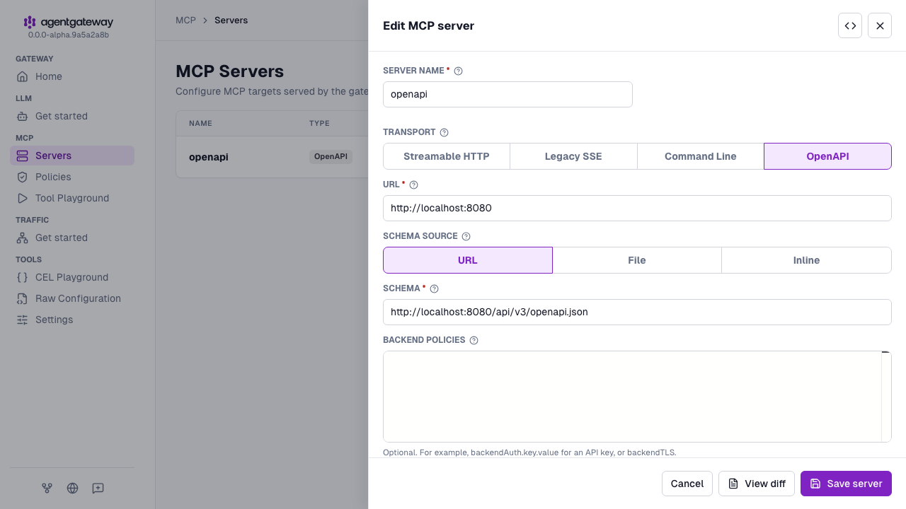 Edit MCP server drawer for the openapi target with the schema URL http://localhost:8080/api/v3/openapi.json