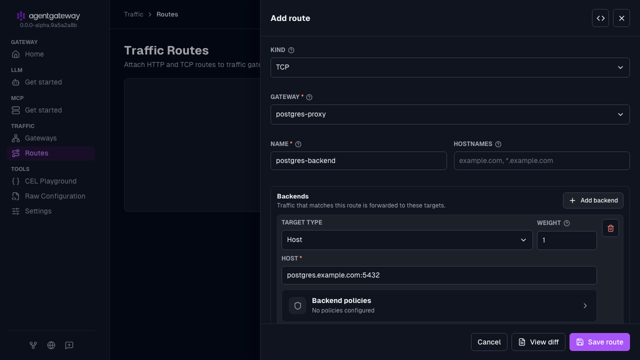 Add route drawer with the TCP kind, the postgres-proxy gateway, the postgres-backend route name, and the postgres.example.com:5432 backend with weight 1